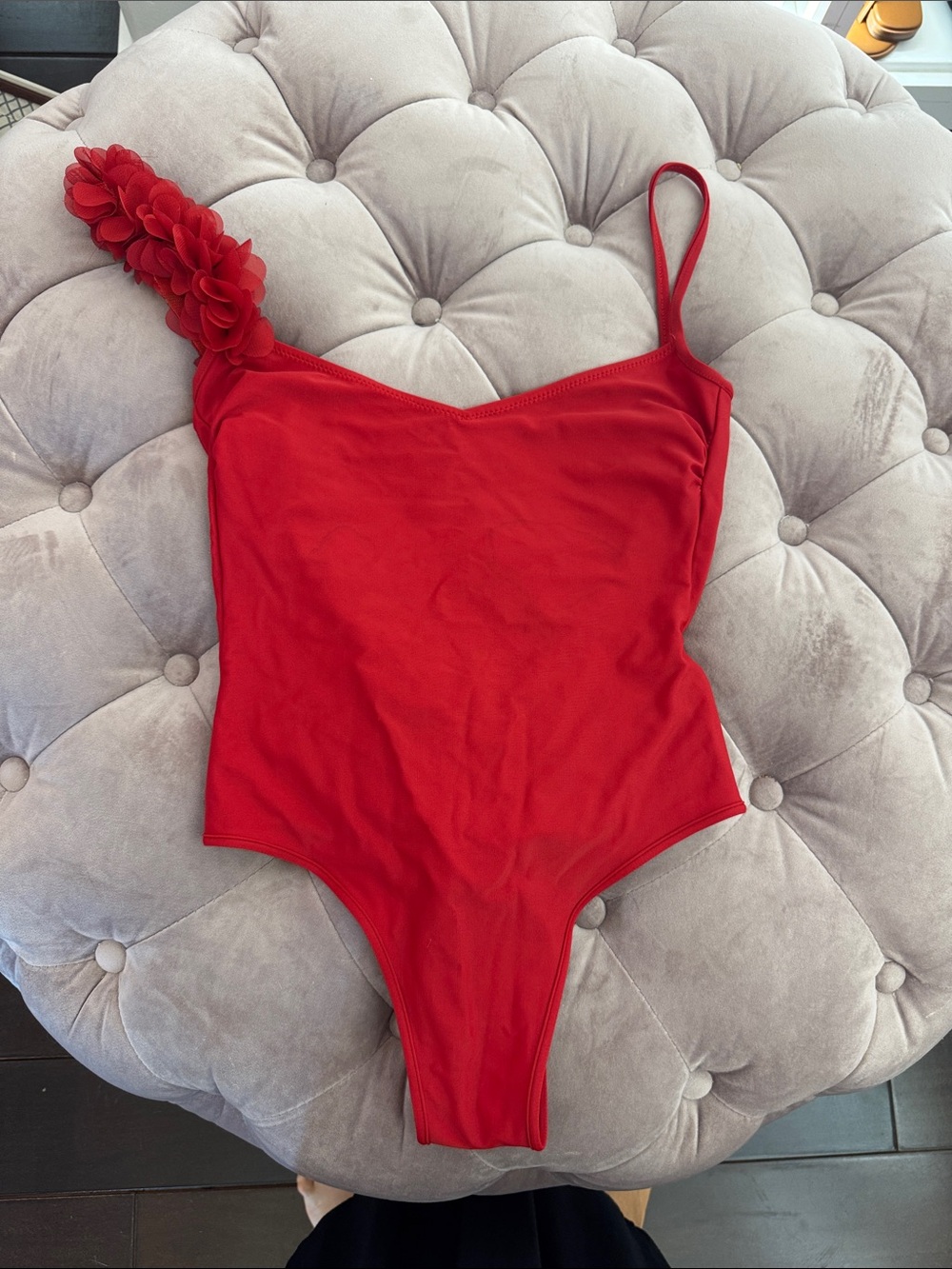 La reveche Red One-Piece Swimsuit with Floral Shoulder